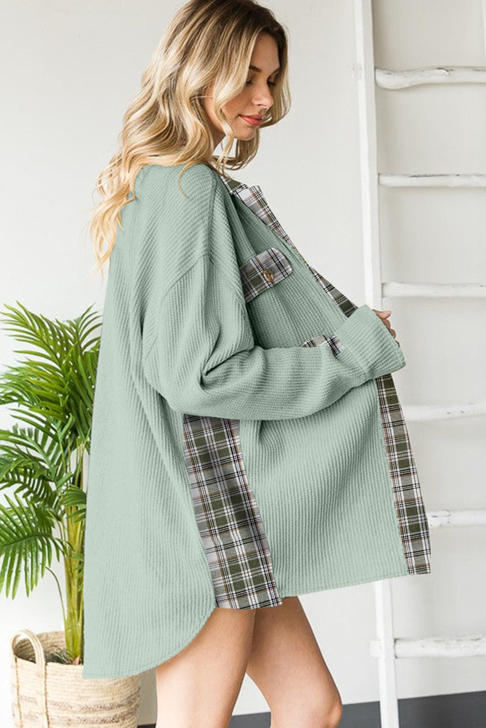 Grass Green Plaid Patchwork Waffle Thermal Knit Shacket