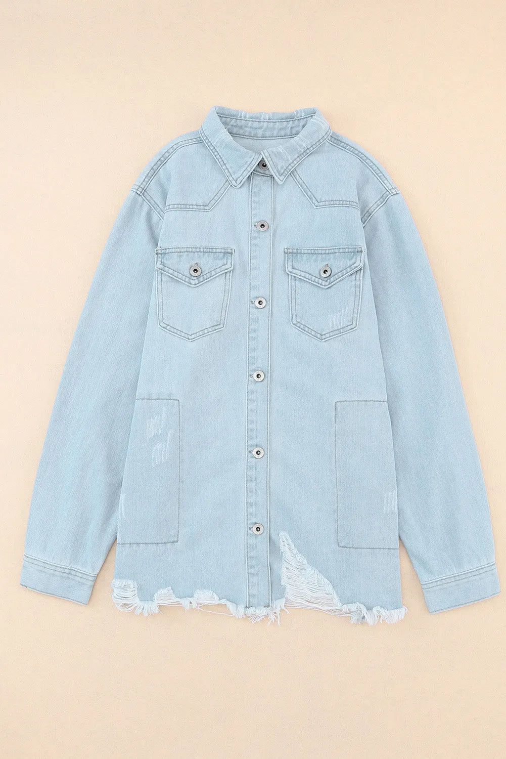 Sky Blue Flap Pocket Buttoned Raw Hem Denim Jacket - Chic Meadow Boutique 