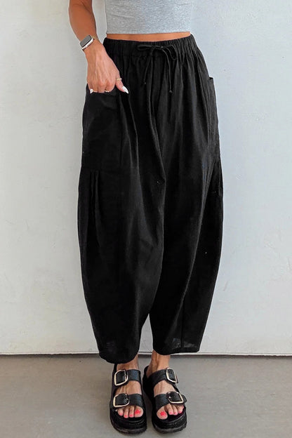 Black Drawstring Elastic Waist Patch Pocket Barrel Leg Casual Pants