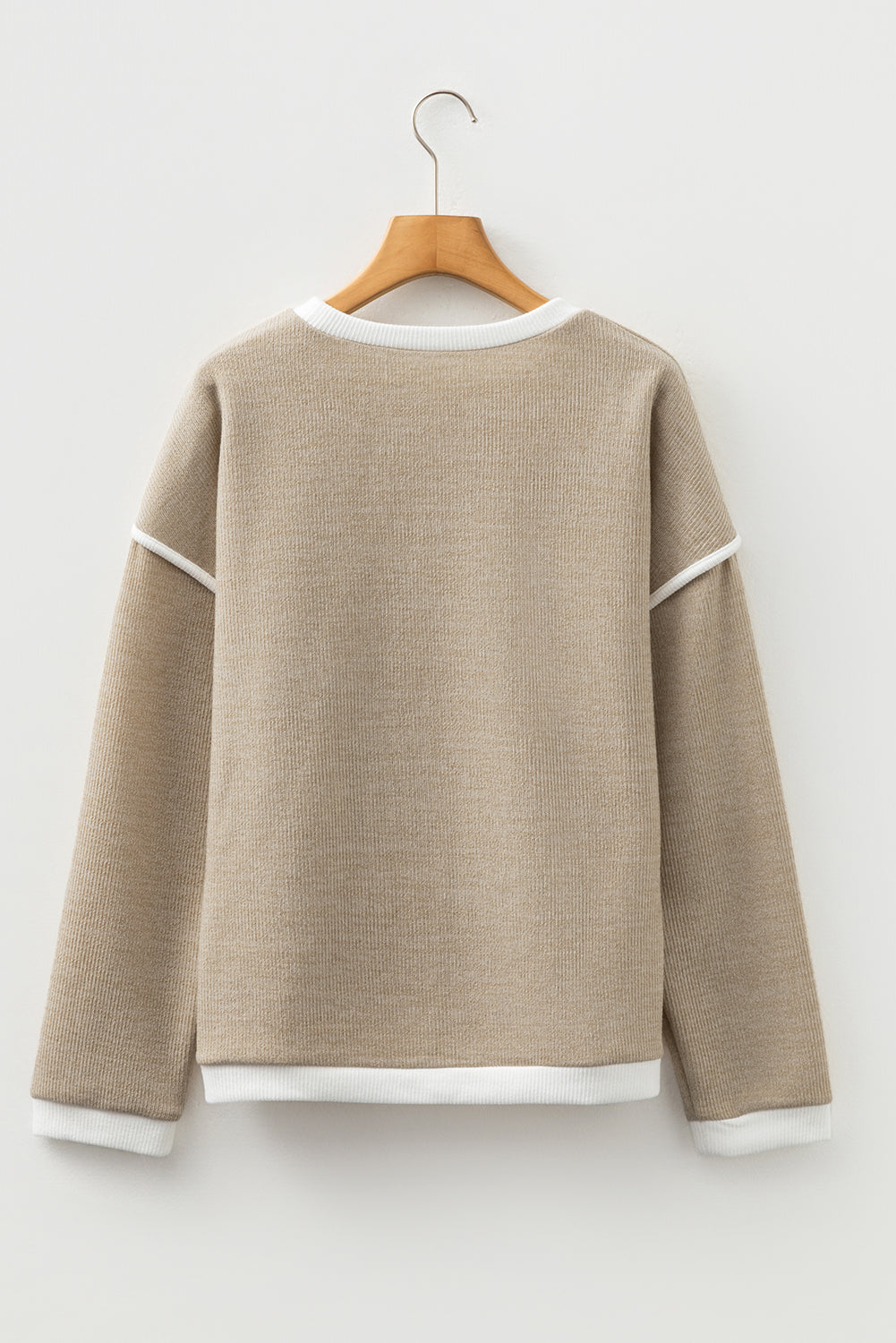 Beige Contrast Color Trim Knit Drop Shoulder Loose Top