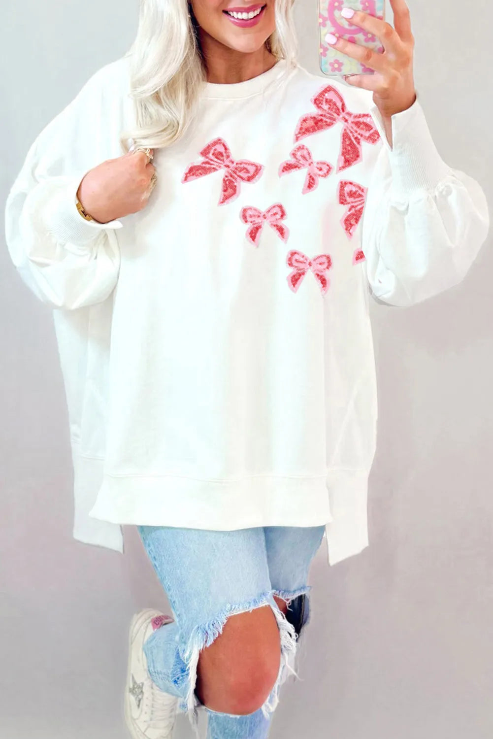 White Sequin Bowknot High Low Oversize Sweatshirt - Chic Meadow Boutique 