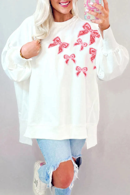 White Sequin Bowknot High Low Oversize Sweatshirt - Chic Meadow Boutique 