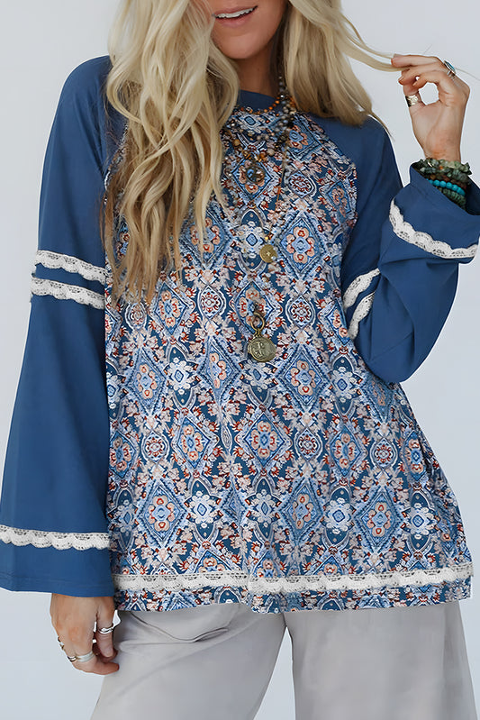 Blue Geometric Printed Lace Patchwork Ric Rac Raglan Long Sleeve Top