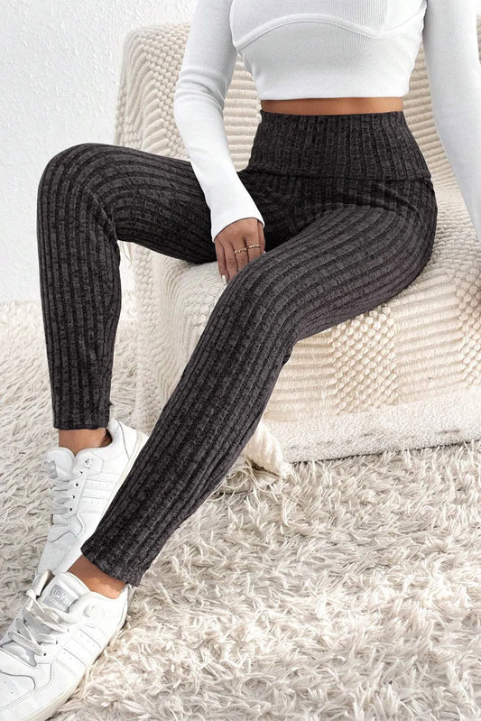 Dark Grey Wide Waistband Ribbed Textured Knit Leggings - Chic Meadow Boutique 