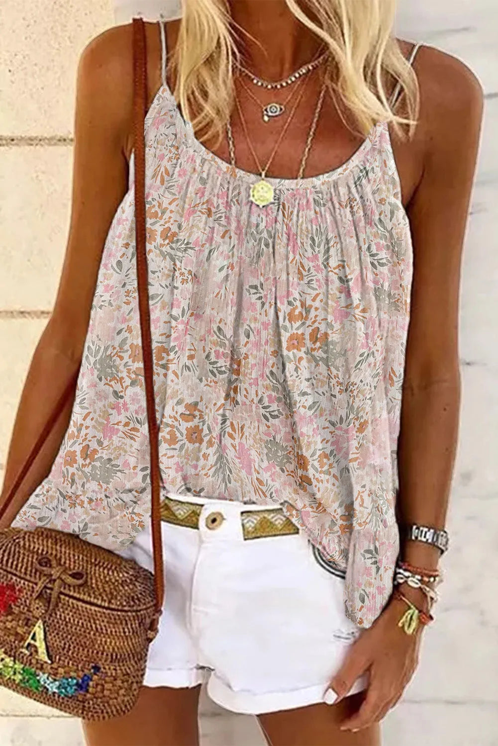 White Boho Floral Print Spaghetti Straps Tank Top - Chic Meadow Boutique 