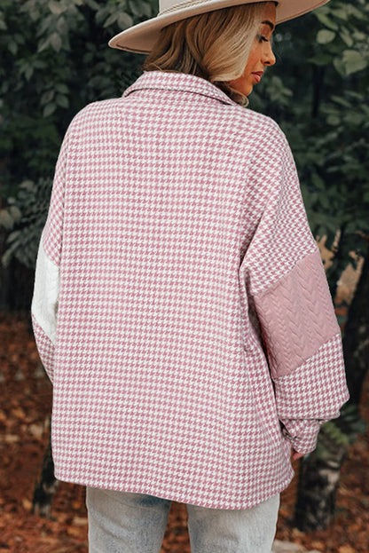 Pink Houndstooth Color Contrast Textured Patchwork Loose Shacket - Chic Meadow Boutique 