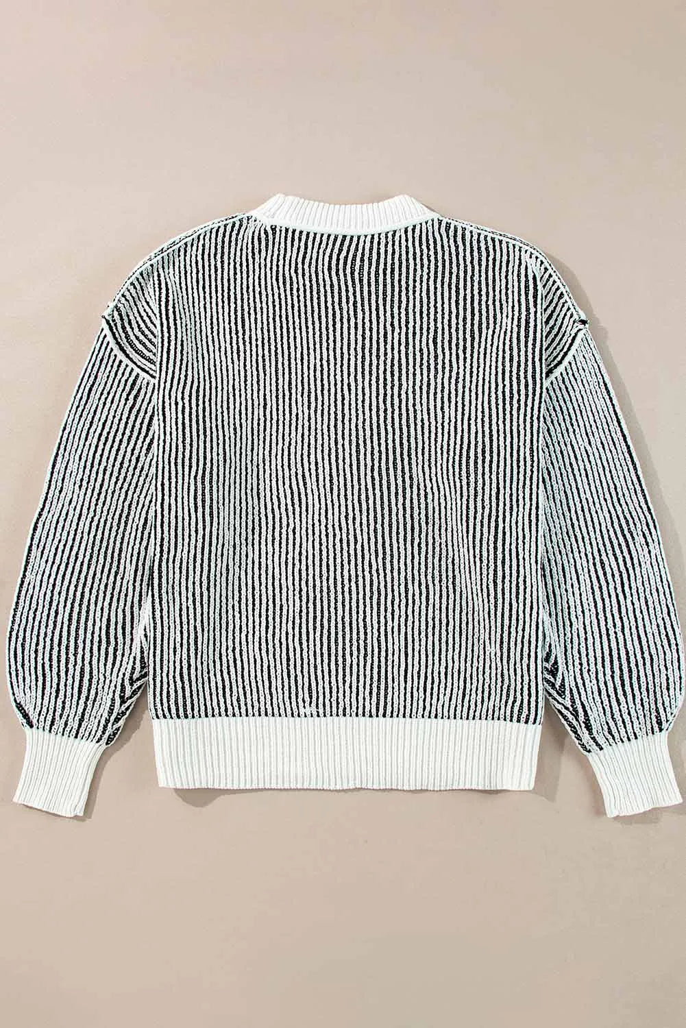 Black Striped Textured Knit Contrast Edge Loose Sweater - Chic Meadow Boutique 