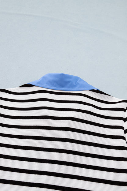 Black Stripe Short Puff Sleeve Color Block Polo Collar Blouse