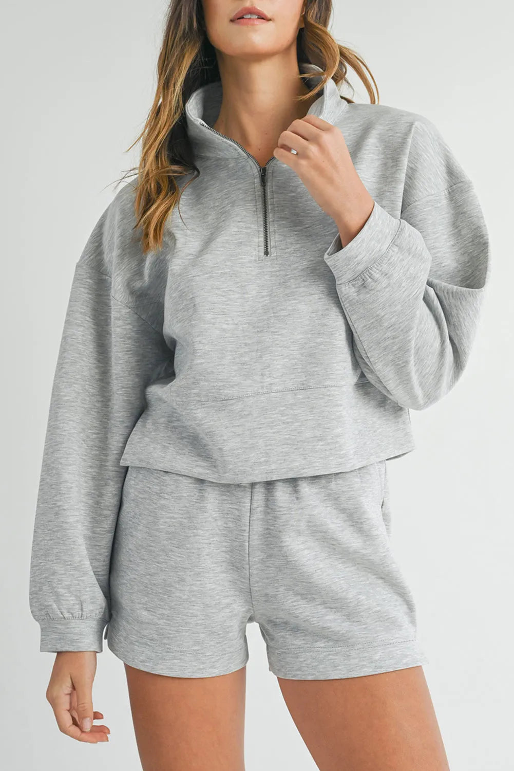 Light Grey Stand Neck Zipped Sweatshirt and Shorts Set - Chic Meadow Boutique 