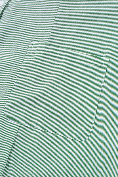 Green Stripe Frilled Sleeveless Collar Front Pocket Button Up Mini Dress