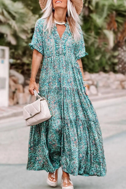 Sky Blue Paisley Print Boho Holiday Ruffle Tiered Maxi Dress - Chic Meadow Boutique 