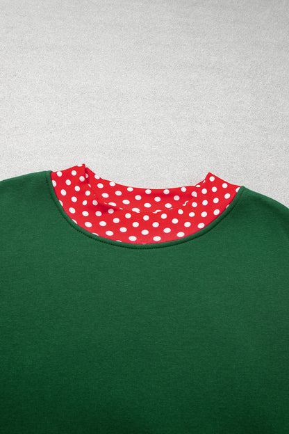 Dark Green Polka Dot Patchwork Round Neck Plus Size Sweatshirt