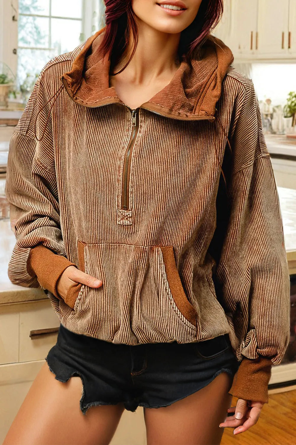 Chestnut Half Zipper Kangaroo Pocket Drawstring Corduroy Hoodie - Chic Meadow Boutique 