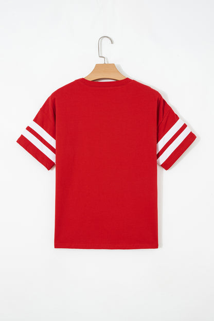 Fiery Red Varsity Striped Short Sleeve Crew Neck T Shirt