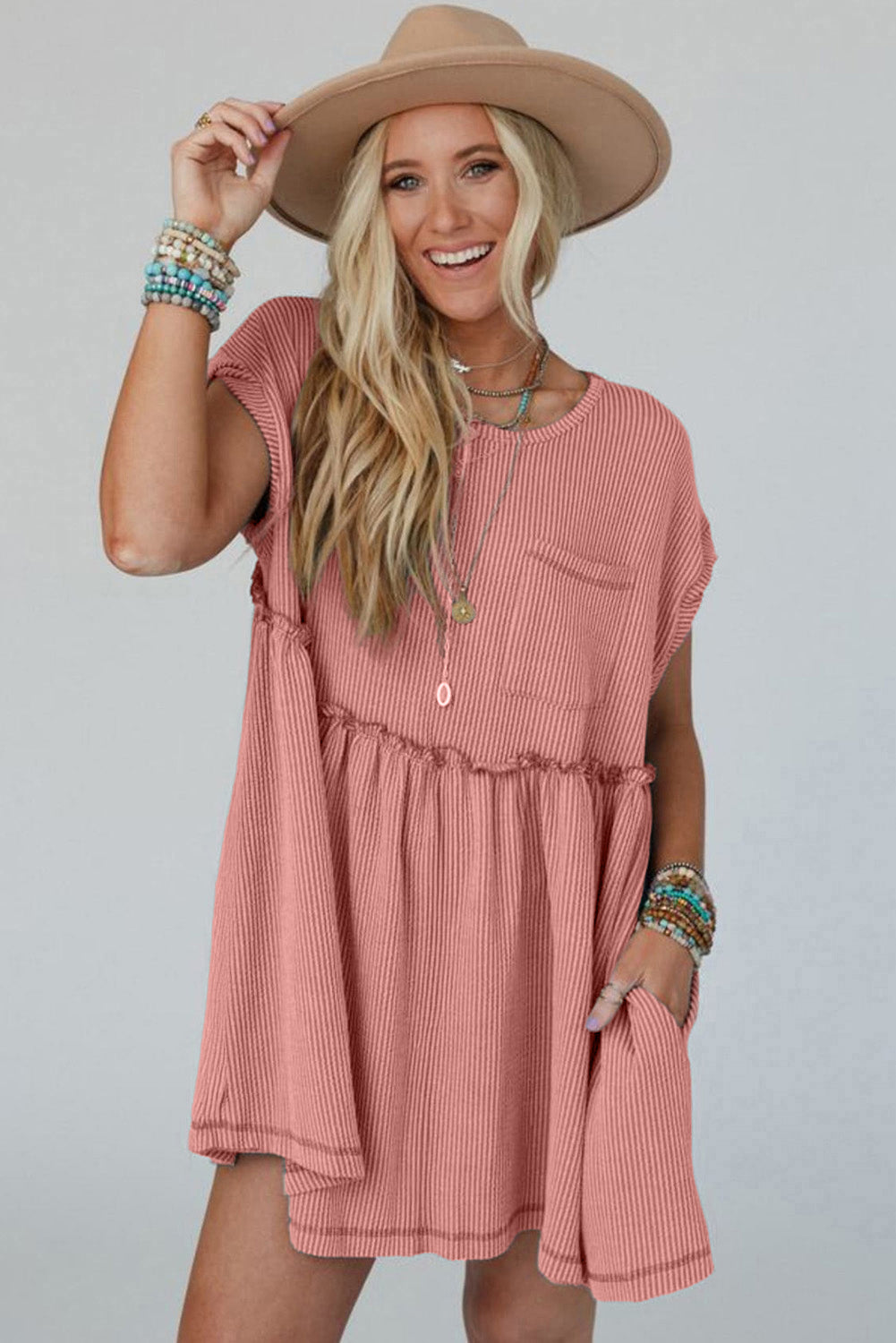 Dusty Pink Corded Knit Textured Patched Pocket Frilled Swing Mini Dress with Pockets