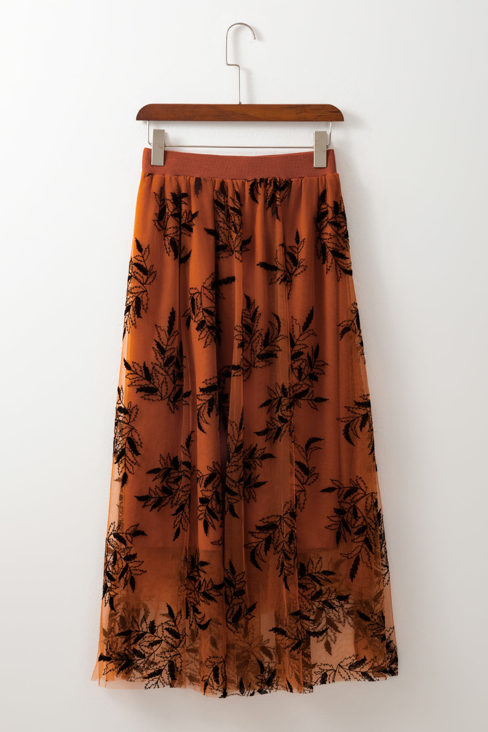 Gold Flame Floral Leaves Embroidered High Waist Maxi Skirt