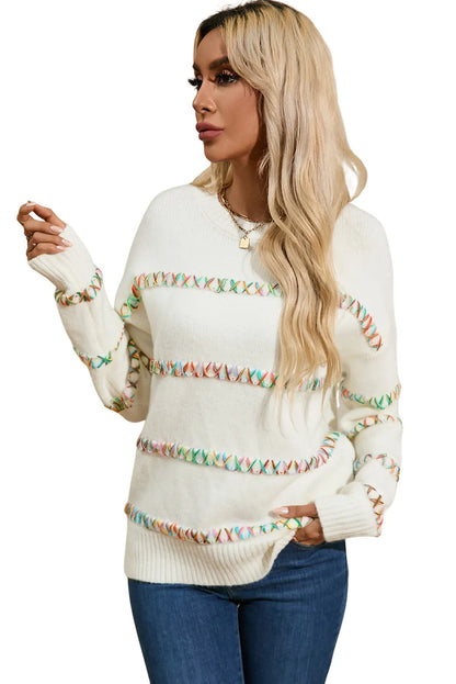 White Colorful Crossed Stitch Drop Shoulder Sweater - Chic Meadow Boutique 