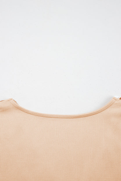 Pale Chestnut Crochet Floral V Neck Textured Short Sleeve Blouse