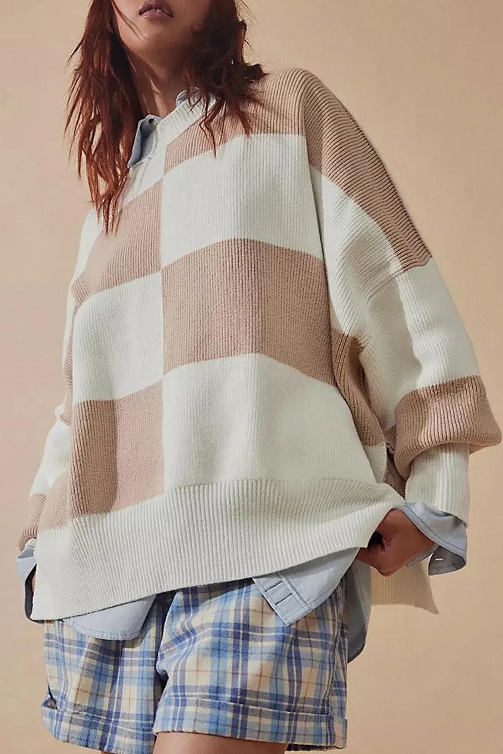 Sweaters & Cardigans/Sweaters Khaki Checkered Side Slits Drop Shoulder Oversized Sweater