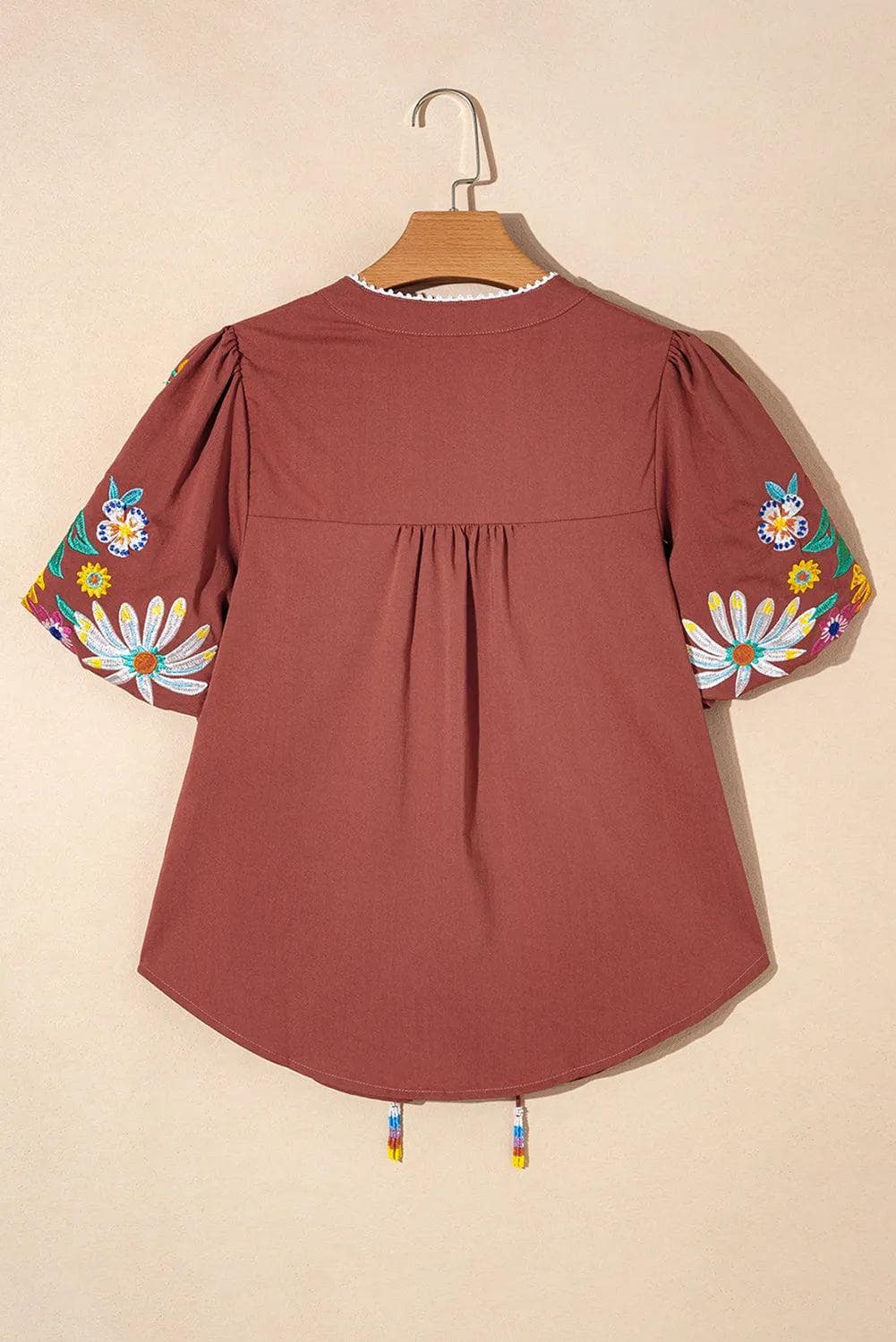 Tops/Blouses & Shirts Mineral Red Floral Embroidered Puff Sleeve Split Neck Blouse