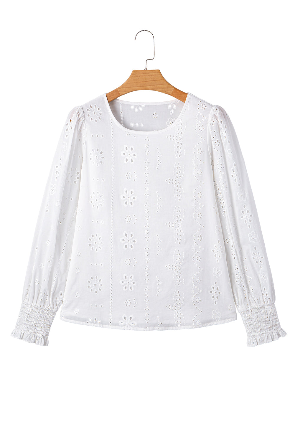 White Eyelet Embroidered Smocked Cuff Sheer Blouse