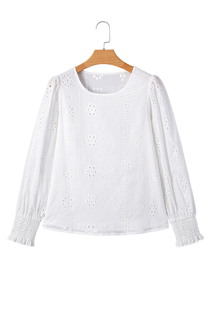 White Eyelet Embroidered Smocked Cuff Sheer Blouse