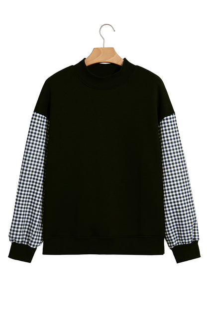 Black Plaid Sleeve Colorblock Loose Tunic Sweatshirt
