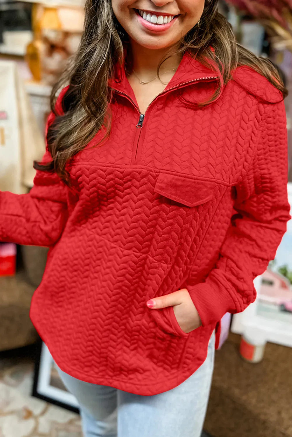 Tomato Red Cable Textured Quarter Zip Pocketed Plus Size Pullover - Chic Meadow Boutique 