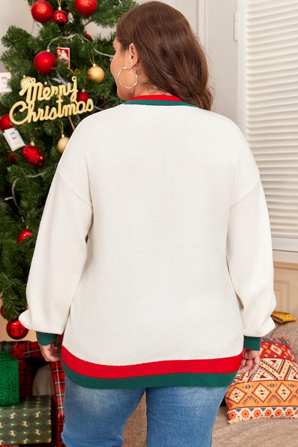 Plus Size/Plus Size Sweaters & Cardigans White Tinsel holly jolly Pattern Colorblock Edge Drop Shoulder Plus Size Sweater