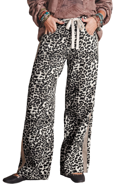 Khaki Leopard Print Drawstring Waist Straight Leg Jeans