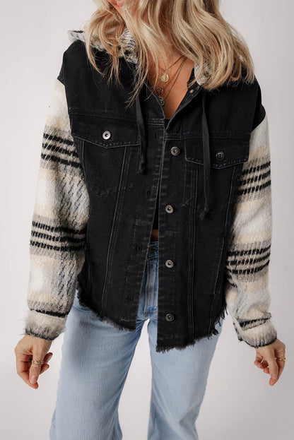 Black Plaid Sleeve Frayed Hem Hooded Denim Jacket - Chic Meadow Boutique 