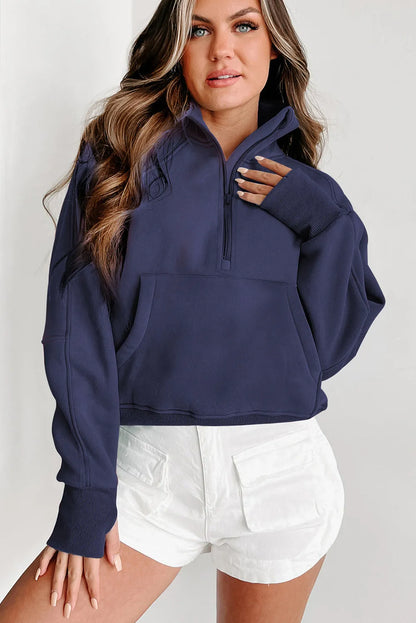 Navy Blue Fleece Lined Zip Up Stand Collar Thumbhole Sleeve Sweatshirt - Chic Meadow Boutique 