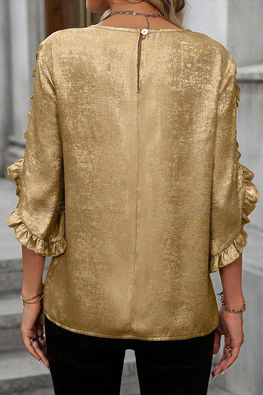 Gold Metallic Luster Frilled Half Sleeve Blouse