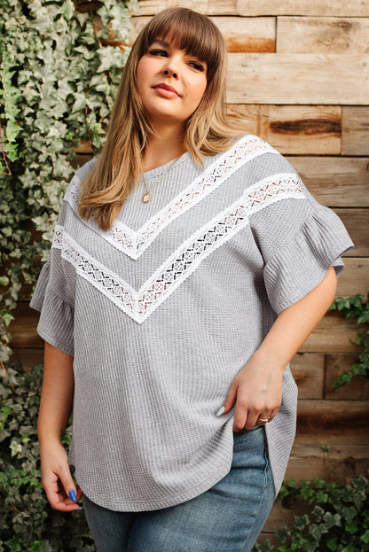 Light Grey Lace Insert Waffle Ruffle Short Sleeve Plus Size Top