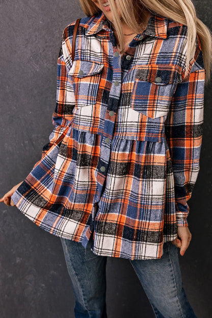 Outerwear/Plaid Shackets Multicolor Plaid Button Down Ruffled Shirt Jacket