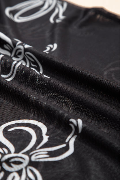 Black Bow Printed Mesh Short Sleeve Top