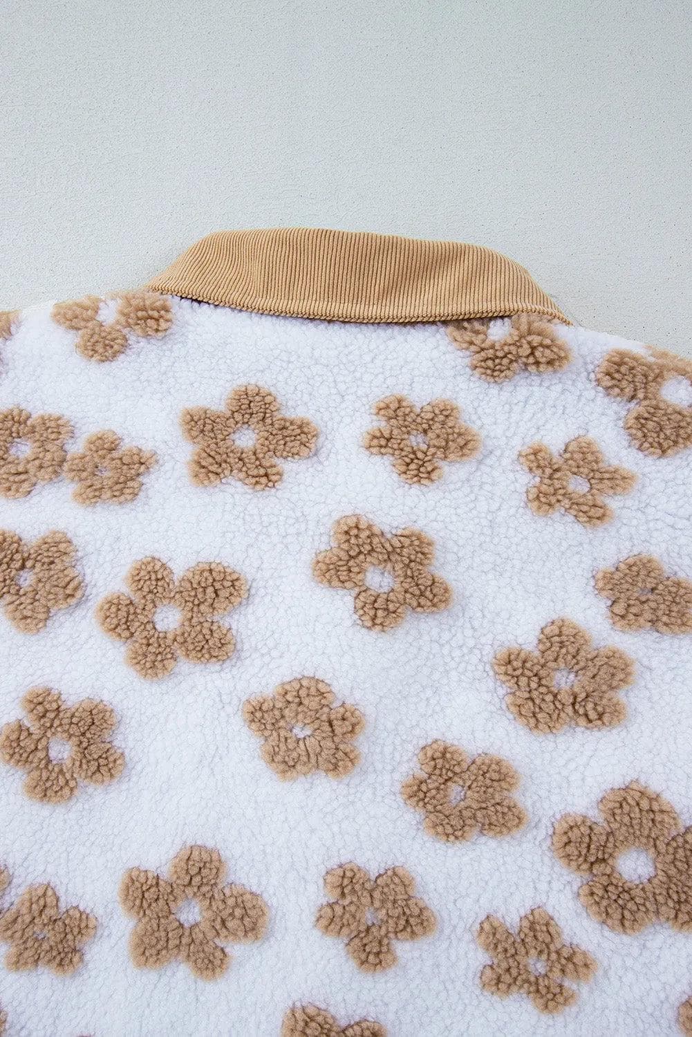 Outerwear/Jackets Light French Beige Cute Flower Pattern Button Up Fleece Jacket