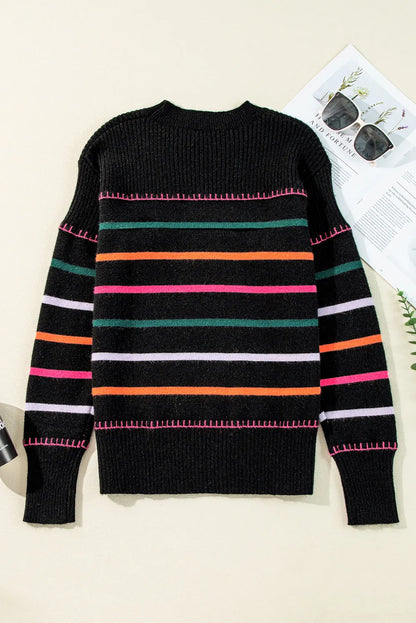 Black Colorful Striped Ribbed Trim Sweater - Chic Meadow Boutique 