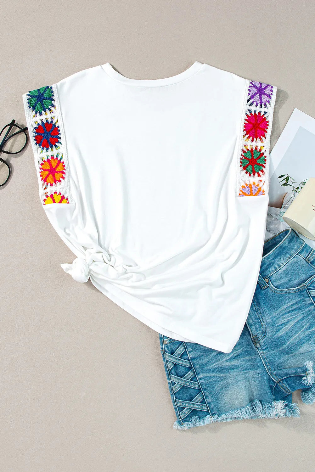 White Floral Crochet Sleeve Crew Neck Top - Chic Meadow Boutique 