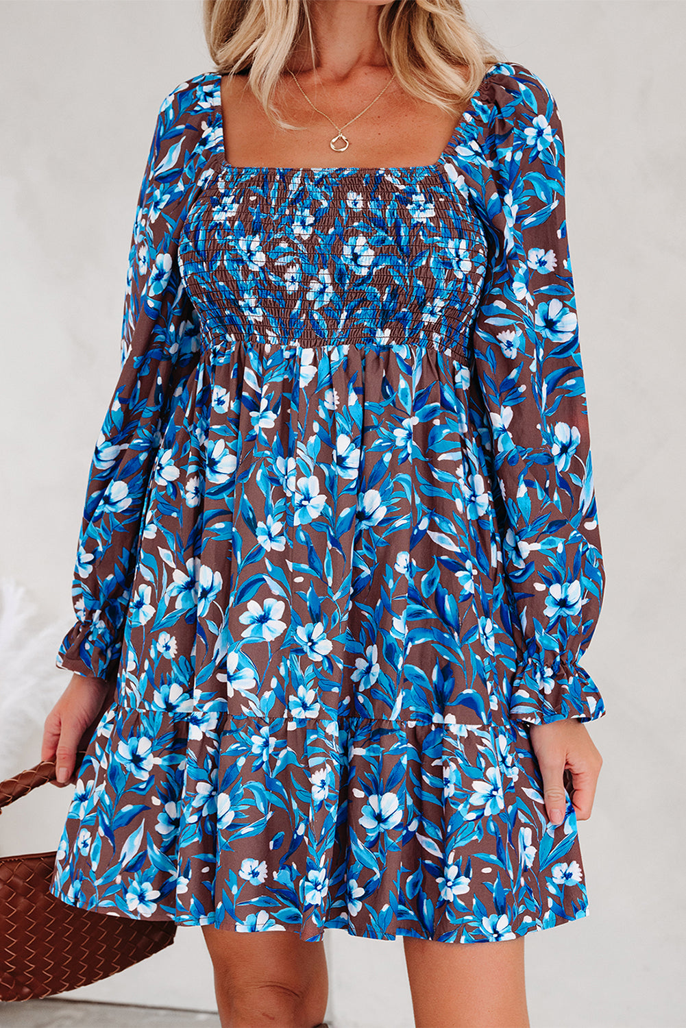 Blue Smocked Bodice High Waist Ruffled Sleeve Floral Dress