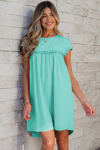 Mint Green Frilled Trim Crew Neck Loose Fit Mini Dress