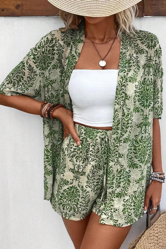 Two Piece Sets/Short Sets Green / S / 100%Polyester Green Vintage Floral Print Open Top and Shorts Outfit