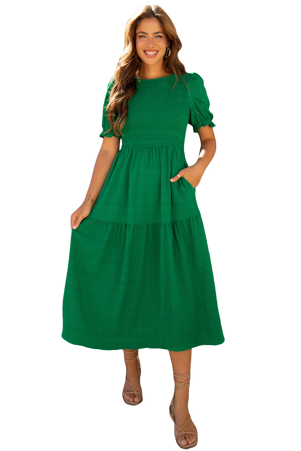 Dark Green Solid Textured Smocked Puff Short Sleeve High Waist Long Dress