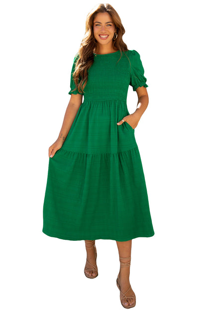 Dark Green Solid Textured Smocked Puff Short Sleeve High Waist Long Dress