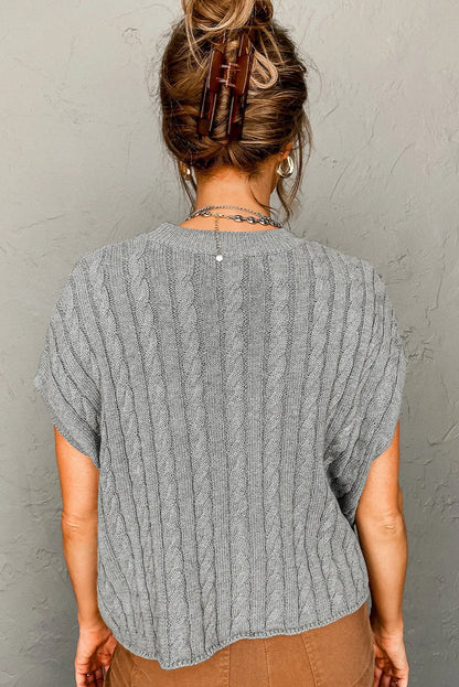 Gray Crew Neck Cable Knit Short Sleeve Sweater - Chic Meadow Boutique 