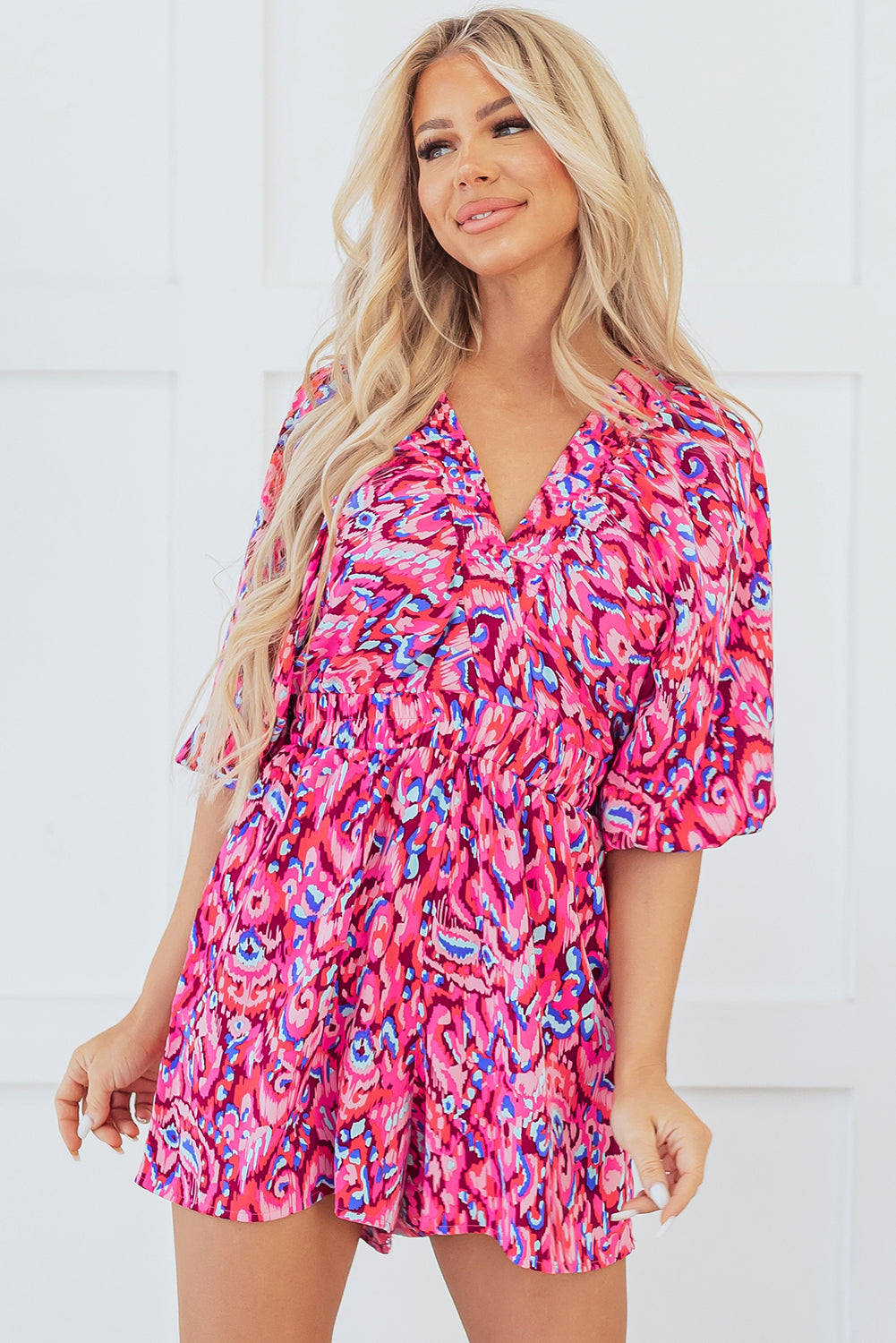 Pink Abstract Print Puff Sleeve V Neck High Waist Romper