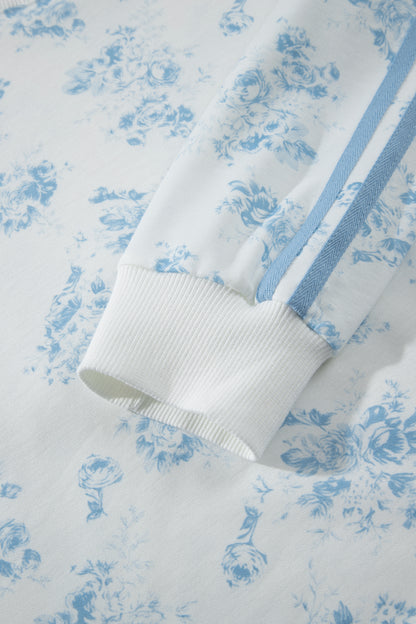 Sky Blue Floral Print Striped Detail Long Sleeve Top Ruffle Hem Shorts 2pcs Set