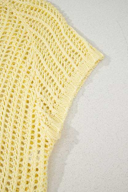Yellow Cream Hollow-out Crochet Side Tied Short Sleeve Sweater
