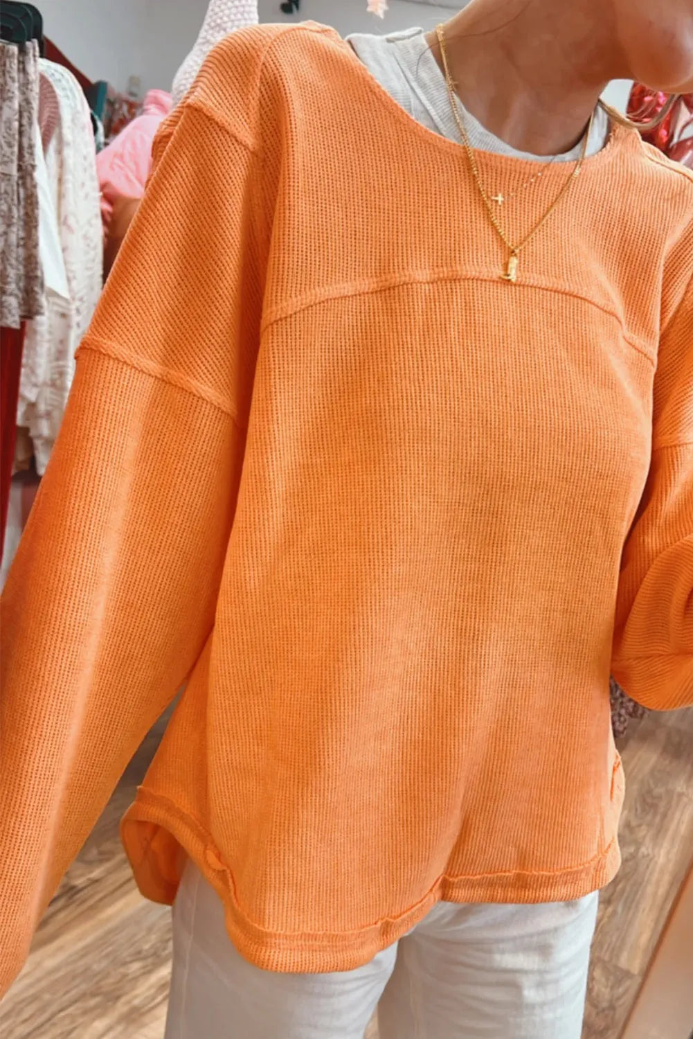 Grapefruit Orange Solid Color Textured High Low Long Sleeve Top - Chic Meadow Boutique 