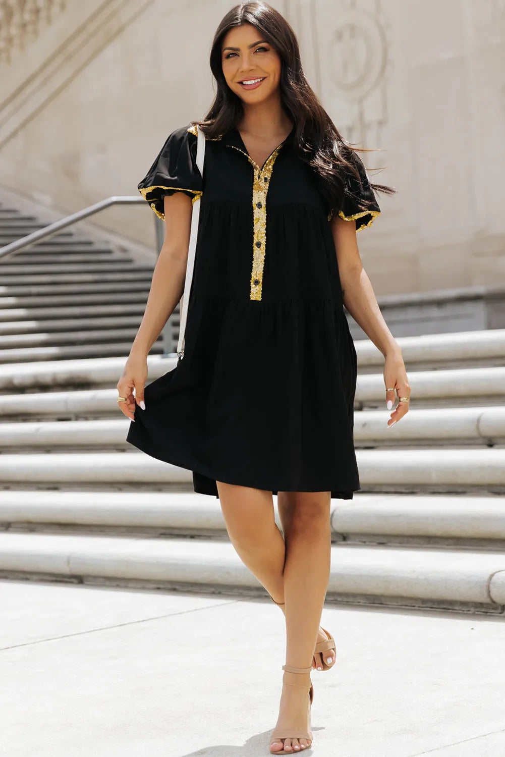 Black Sequin Trim Bubble Sleeve Game Day Shirt Dress - Chic Meadow Boutique 